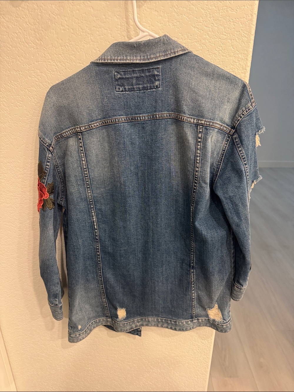 Express Distressed Blue Denim Jacket with Red Floral Embroidery - Picture 2 of 2